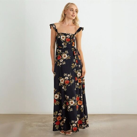 BUY NOW SALE Navy Floral Smocked Ruffle Strap Maxi Dress - Picture 4 of 11
